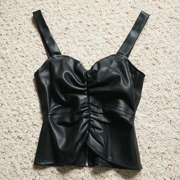 Shabby Chic Faux Leather Weather Tank Top XS Black Wide Strap Ruched Goth New - Picture 1 of 8